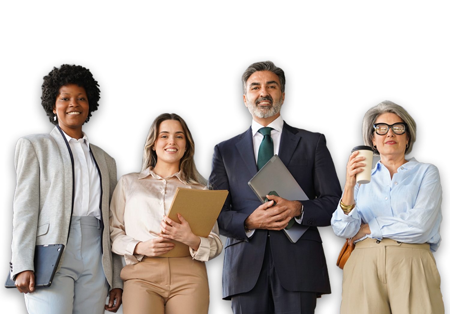 Three business people standing together and smiling