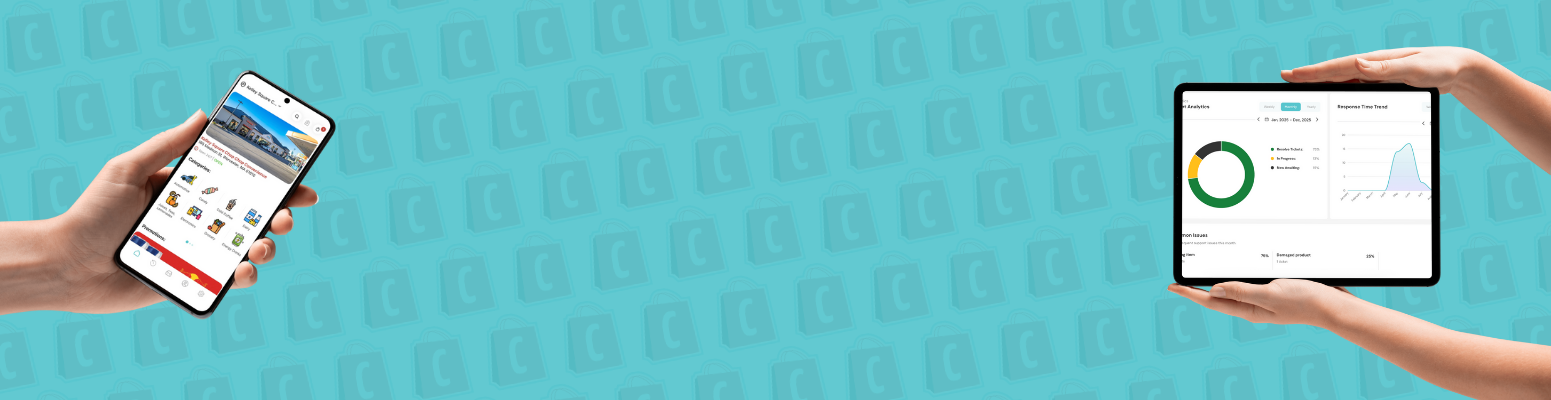 Hands holding a phone and tablet with the Convenient app on a teal background.